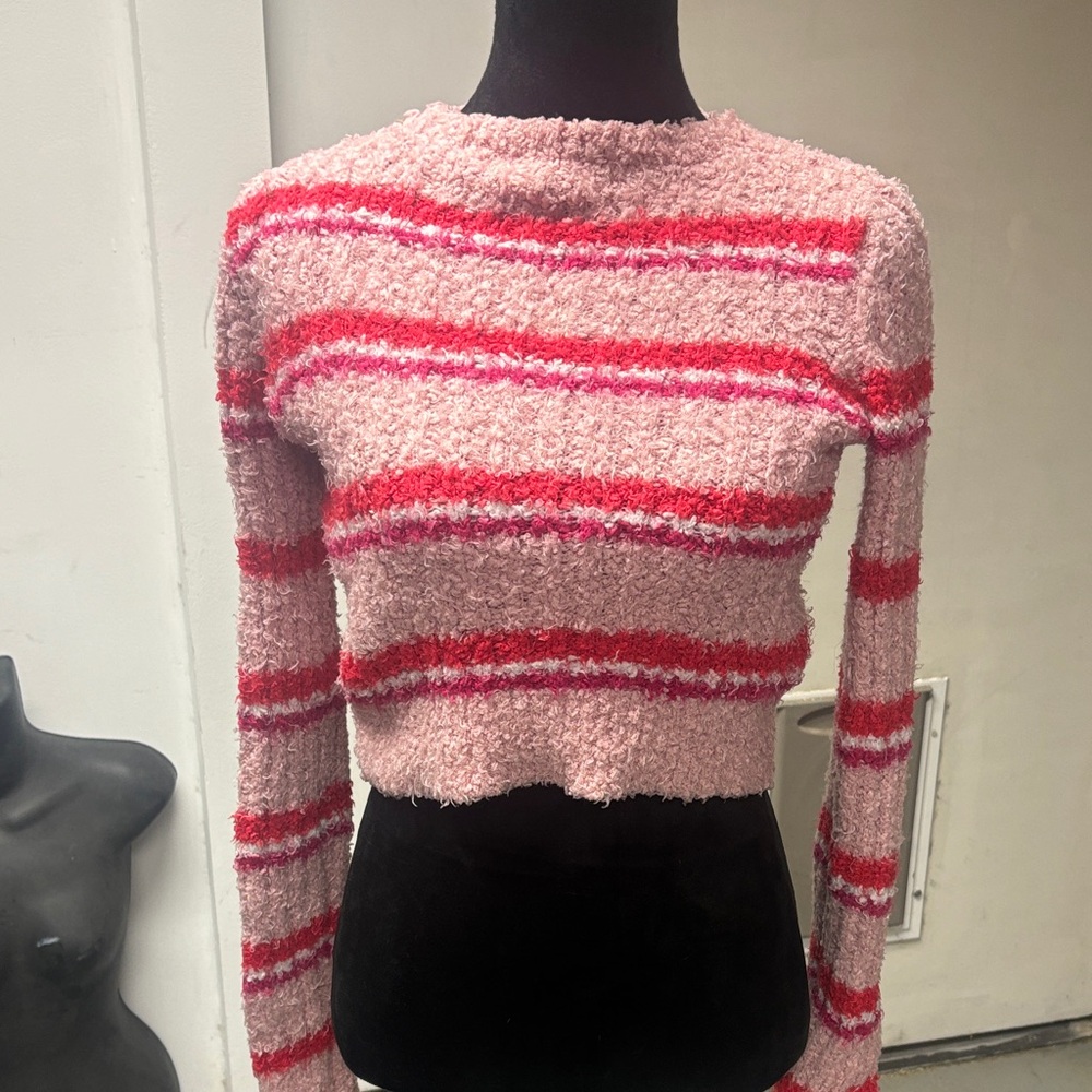 Pink and Red Striped Cropped Sweater